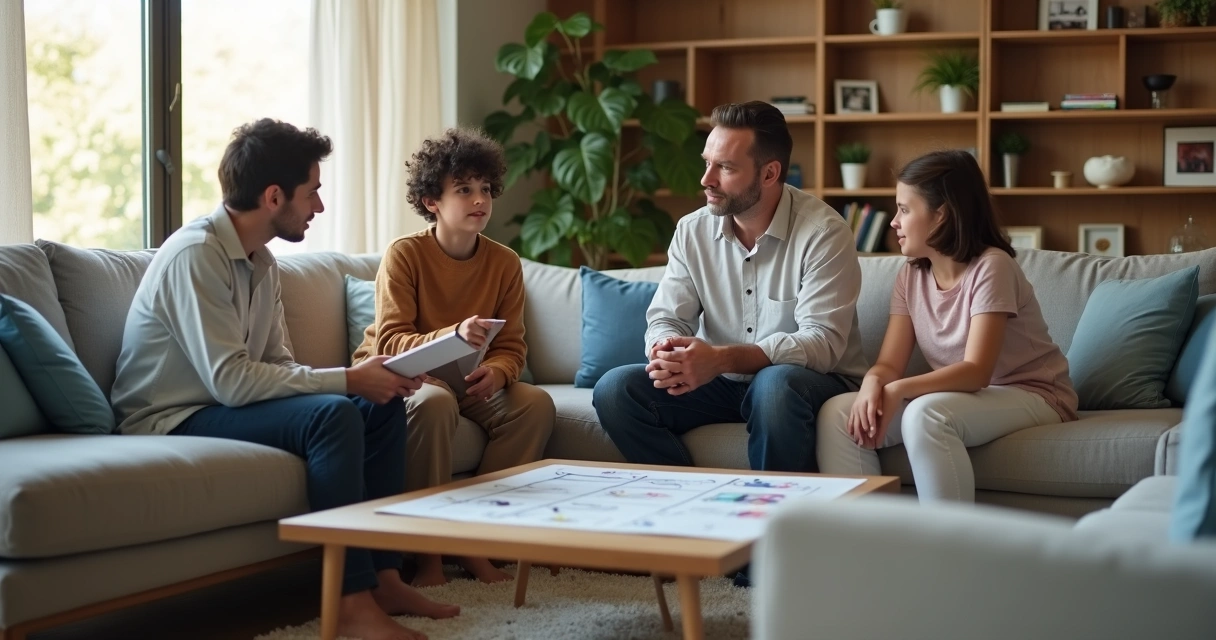 Família sentada em círculo na sala conversando sobre responsabilidades domésticas 