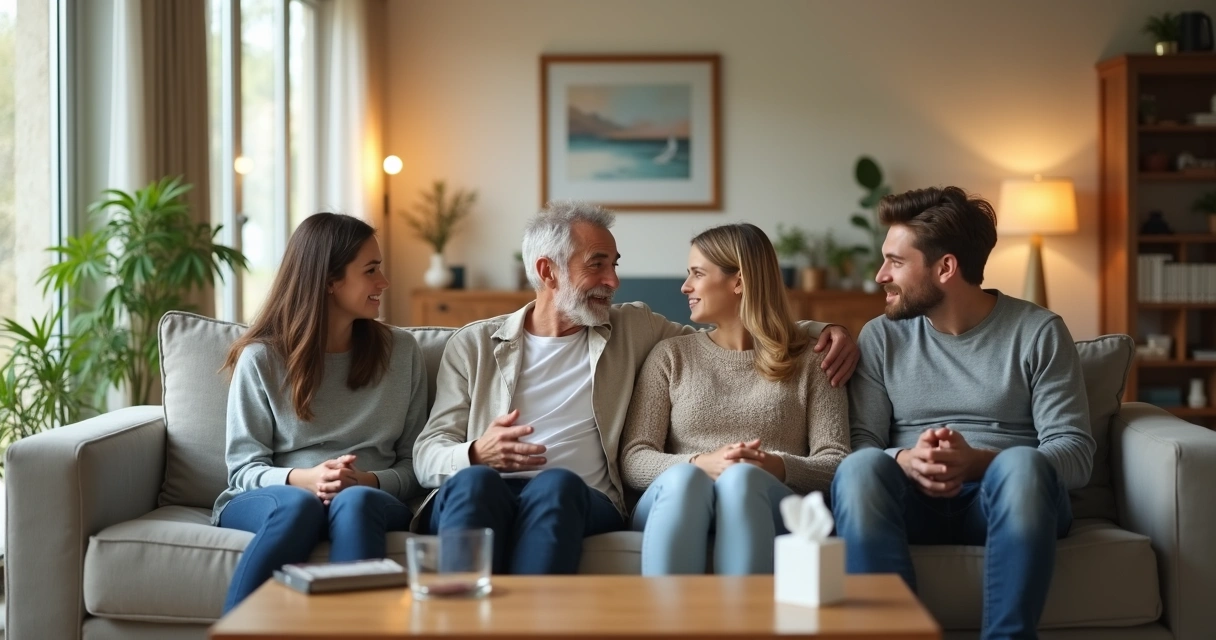 Pais e filhos sentados lado a lado conversando calmamente em sala iluminada 