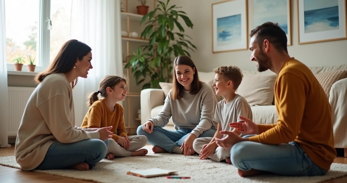 Família reunida em círculo na sala praticando responsabilidade sistêmica no lar 