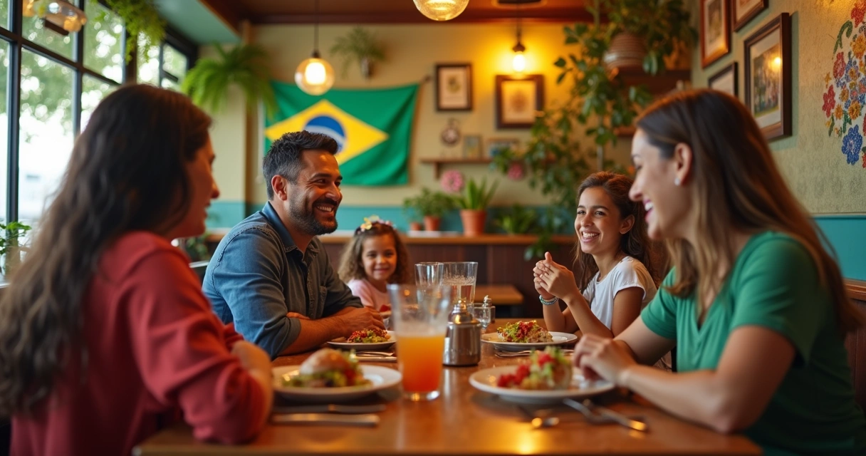Família brasileira jantando em restaurante temático com bandeira do Brasil no fundo 