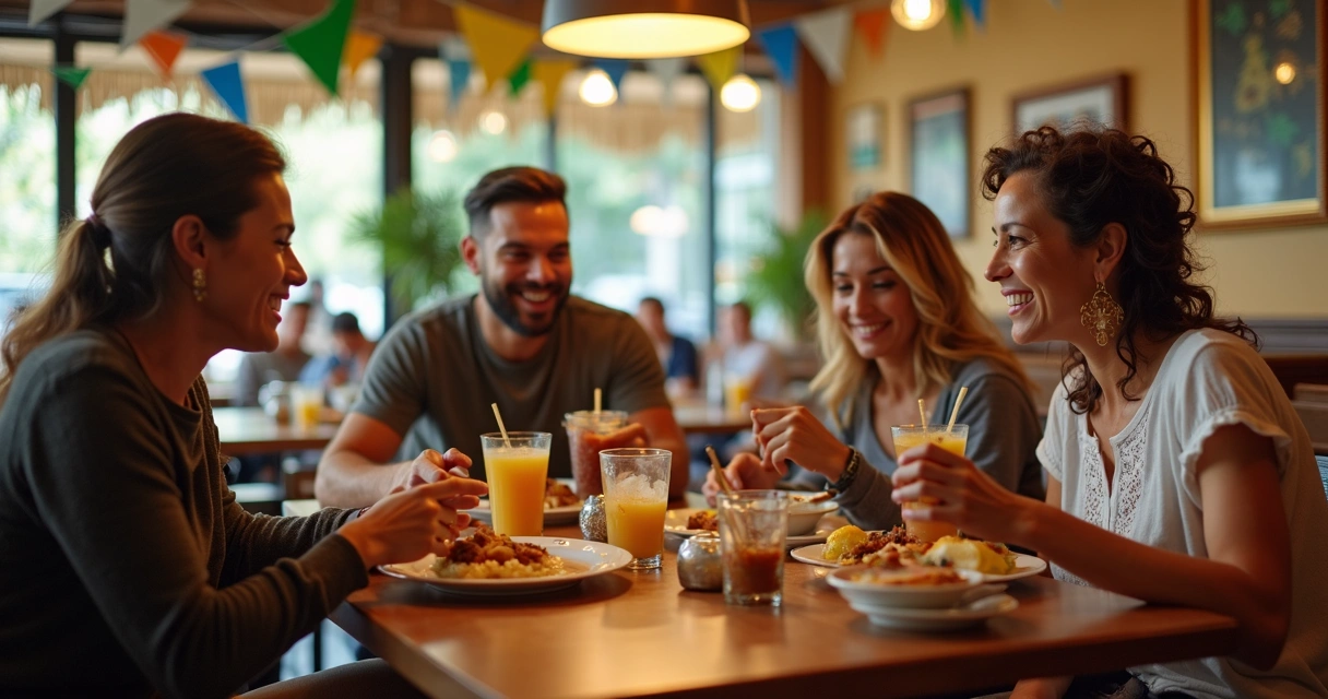 Família brasileira reunida em restaurante em Orlando 