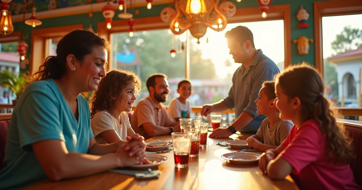 Família brasileira sorrindo em restaurante temático da Disney, com personagens e decoração alegre