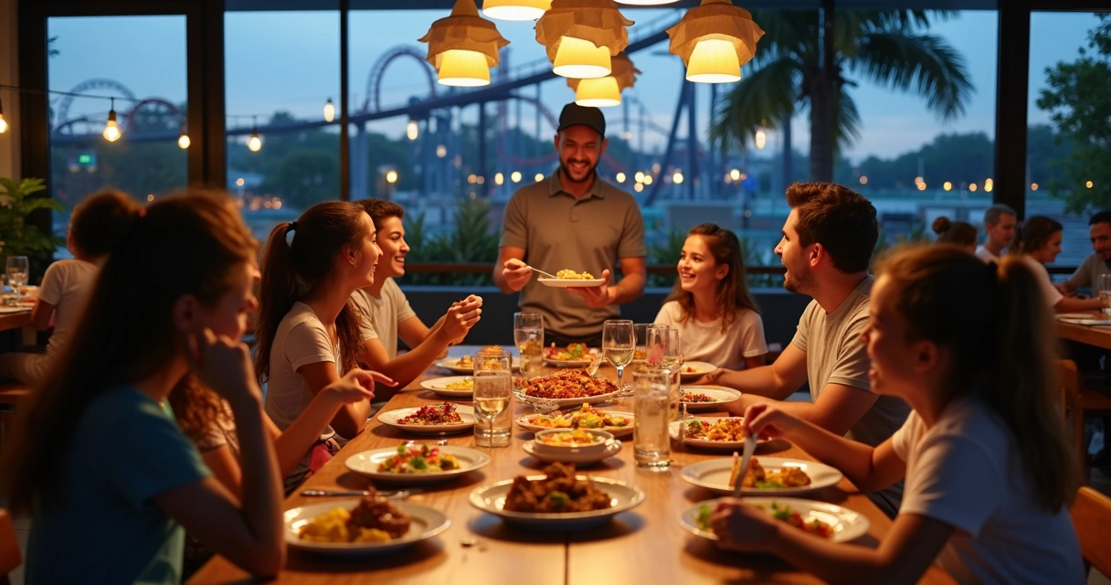 Família brasileira jantando em restaurante amplo em Orlando com vista para parque de diversões 