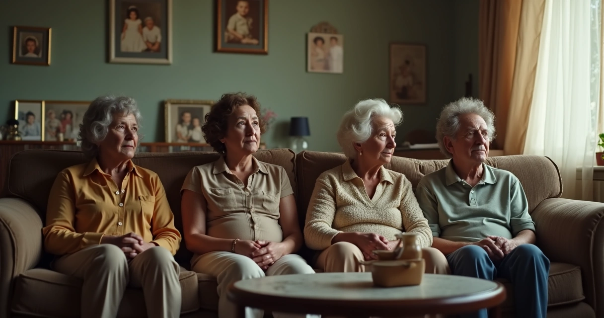 Familia sentada en una sala de estar, rostros serios, mirada al vacío