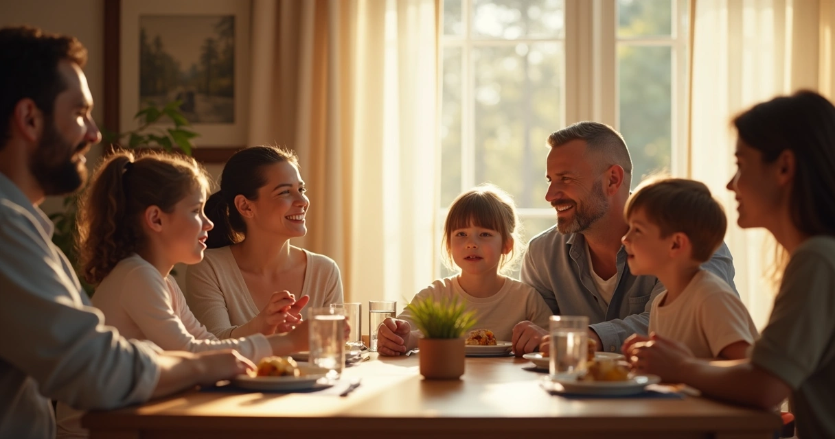 Família sentada à mesa conversando e sorrindo 