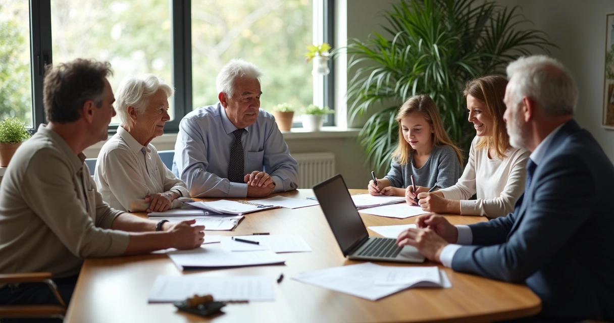Família reunida discutindo guarda em mesa de reunião 