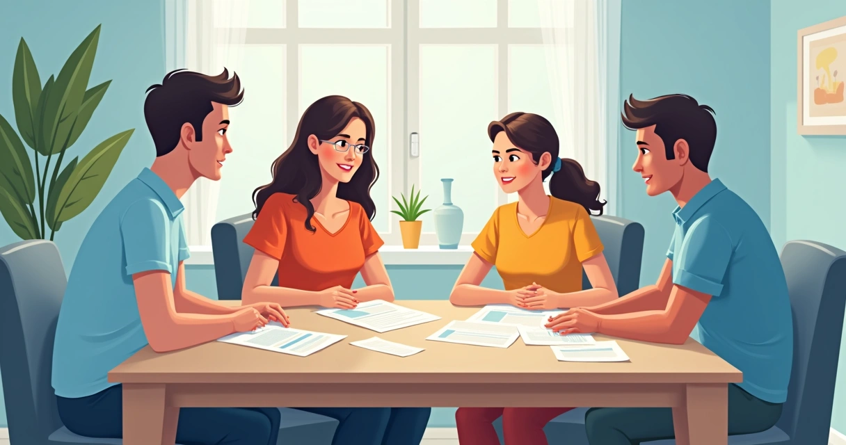 Reunião de família discutindo seguro de vida, papéis na mesa 