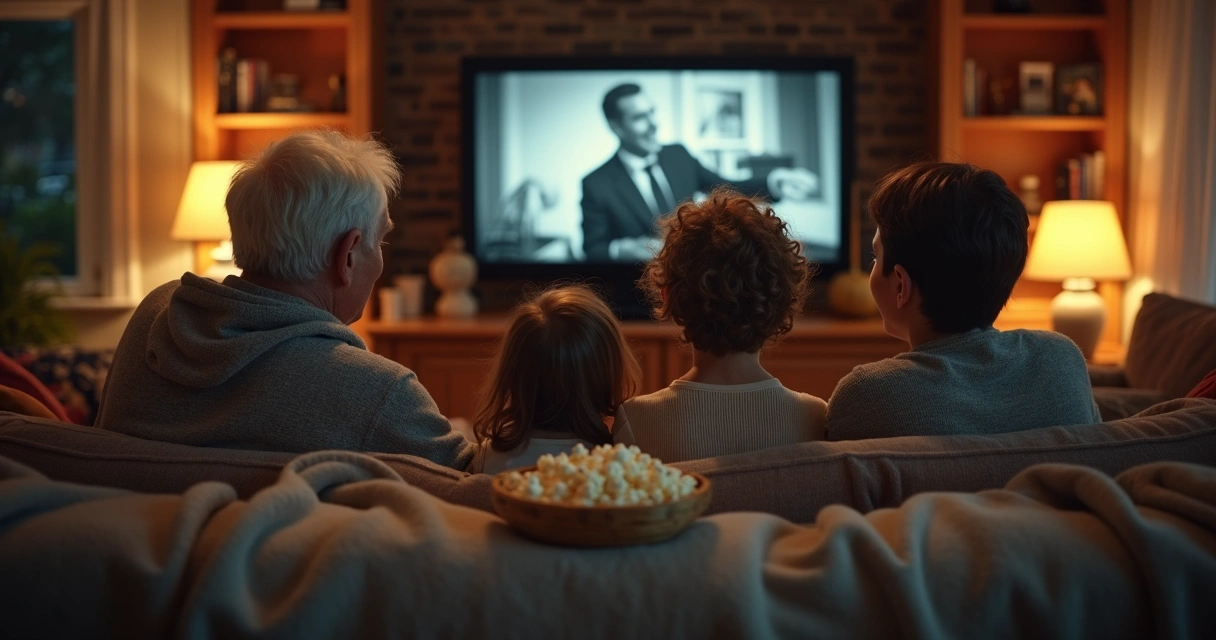 Família de diferentes idades assistindo a filme antigo na sala de casa 