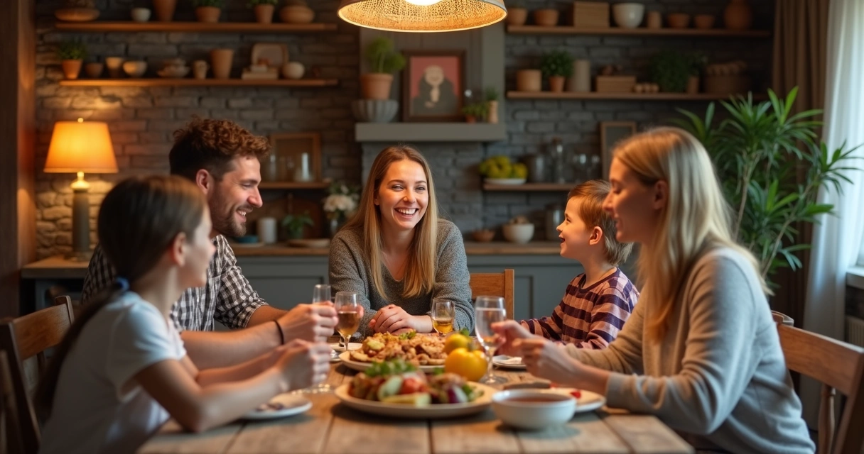 Família reunida ao redor da mesa com comida, trocando sorrisos e acolhendo uma visitante 