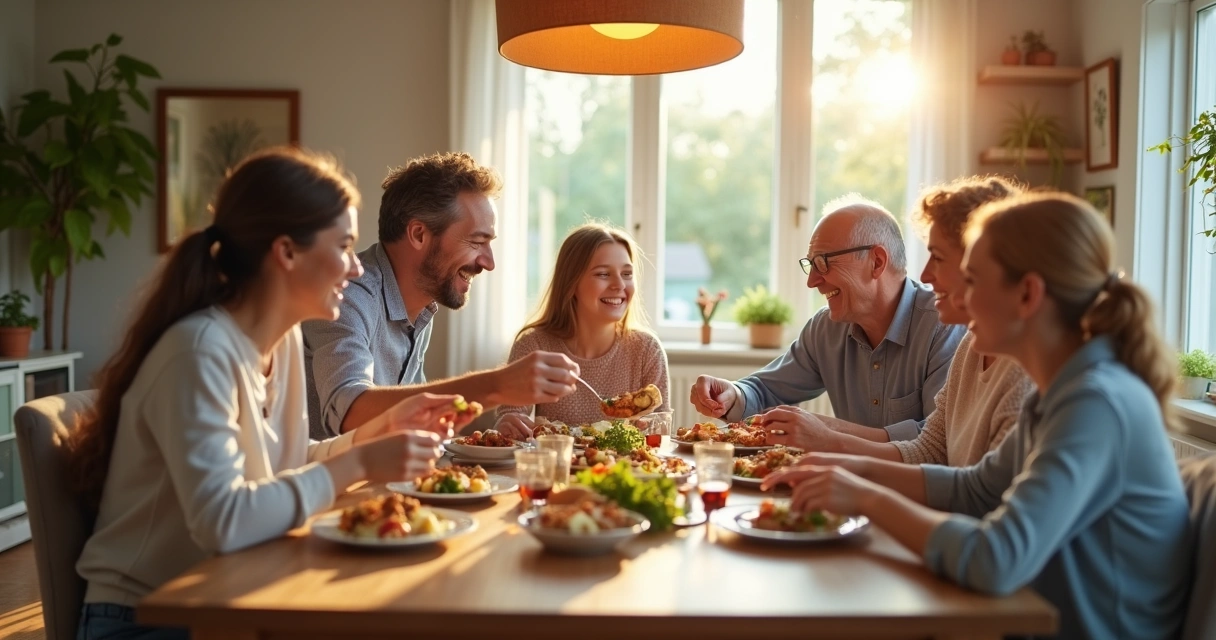 Família reunida ao redor de uma mesa para almoço de domingo 