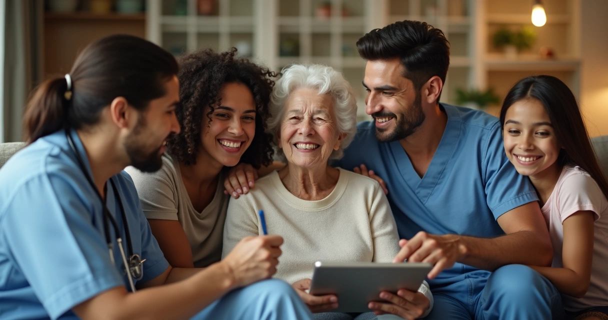 Família reunida próxima a paciente com profissional de saúde em casa