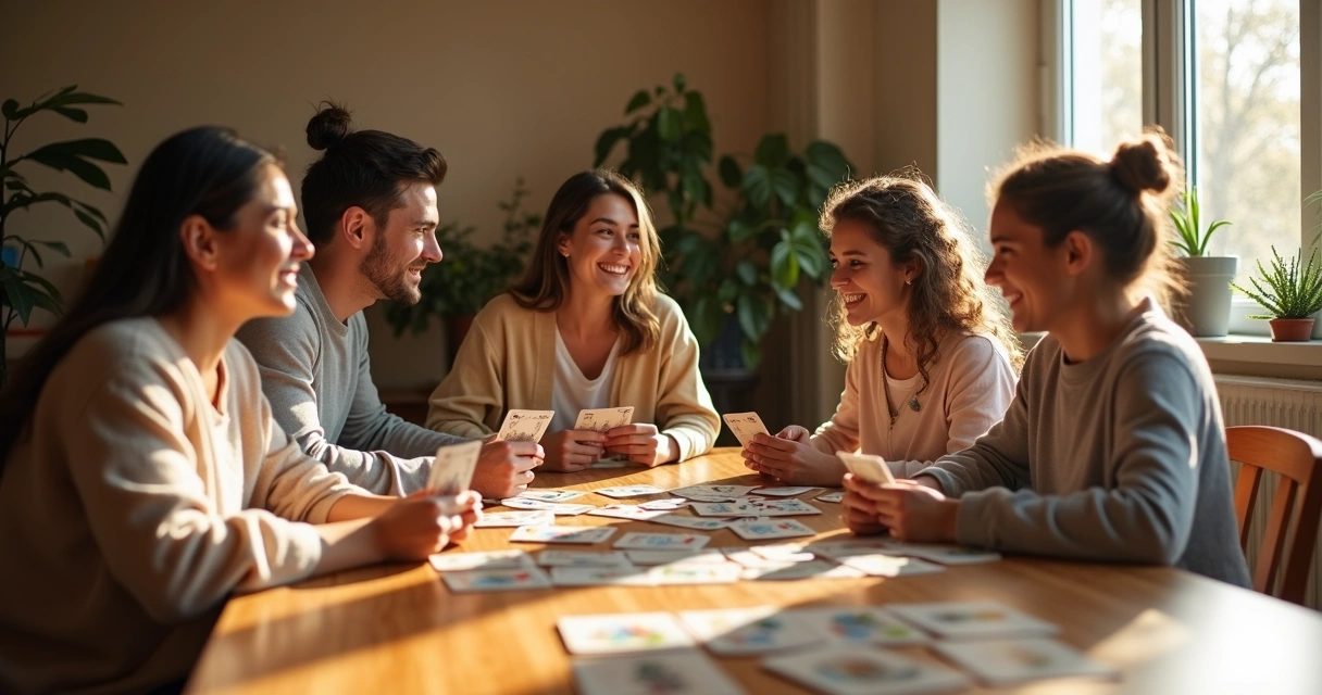 Família sentada em uma mesa, cartas de baralho cigano espalhadas 