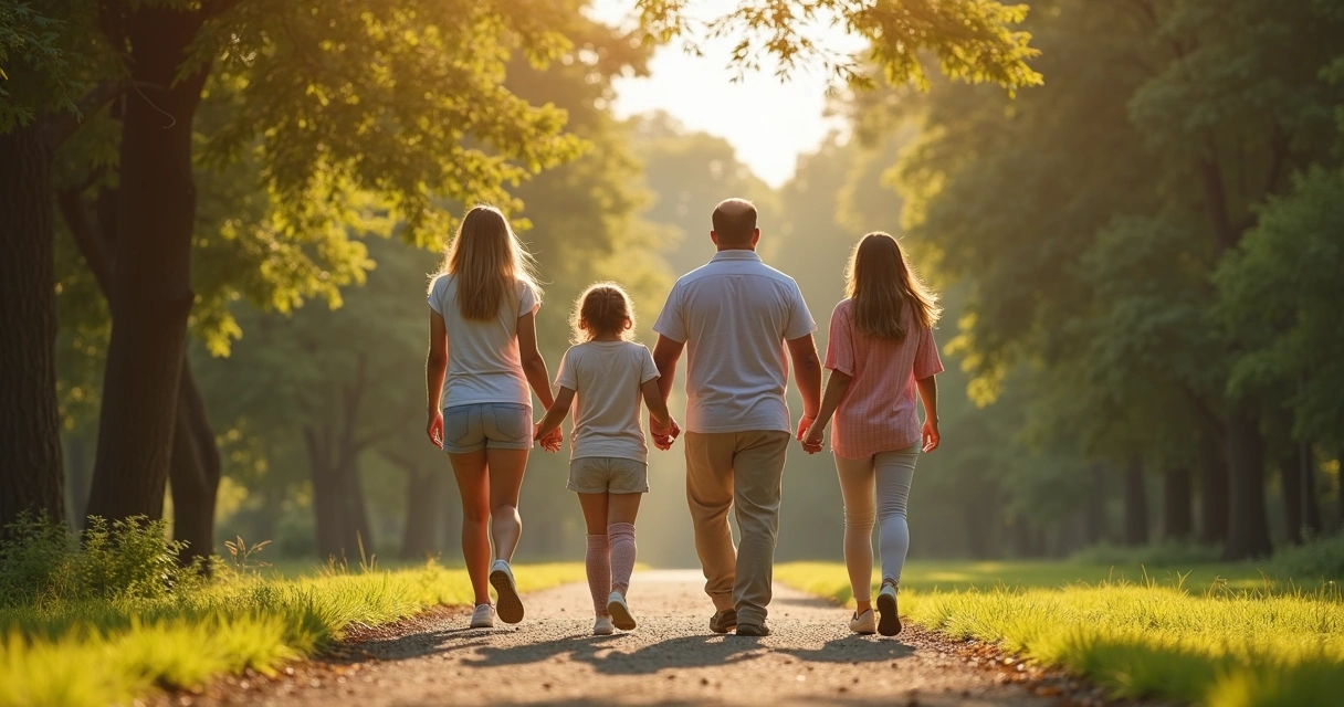 Grupo de pessoas caminhando juntas em parque arborizado 