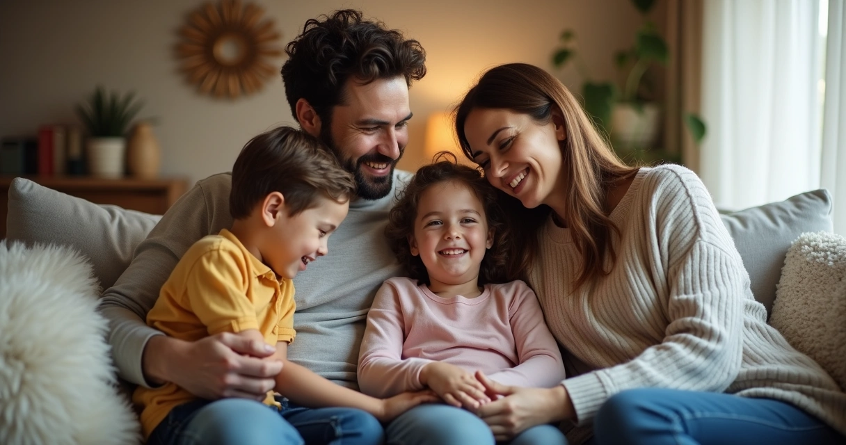 Família reunida no sofá de casa, sorrindo junta 