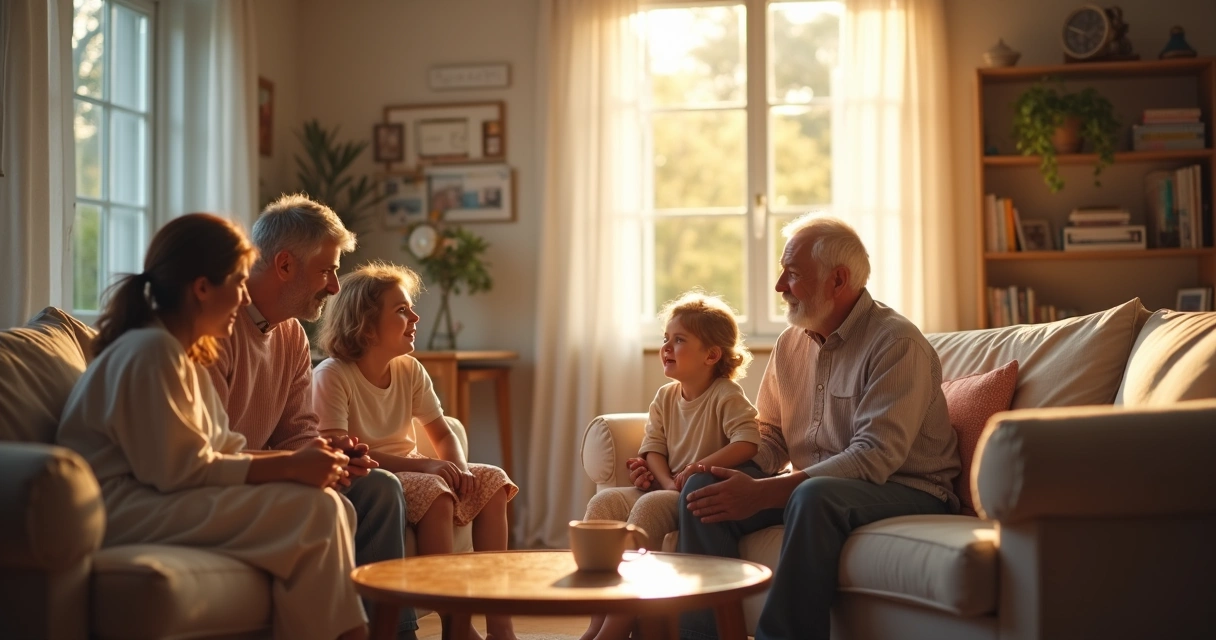 Família reunida sentada em círculo dentro de casa, conversando de maneira tranquila