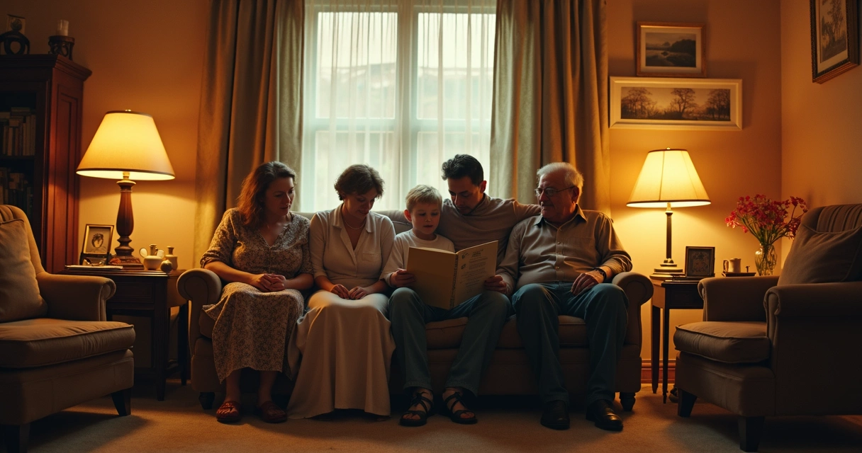 Família sentada no sofá antiga em ambiente aconchegante 