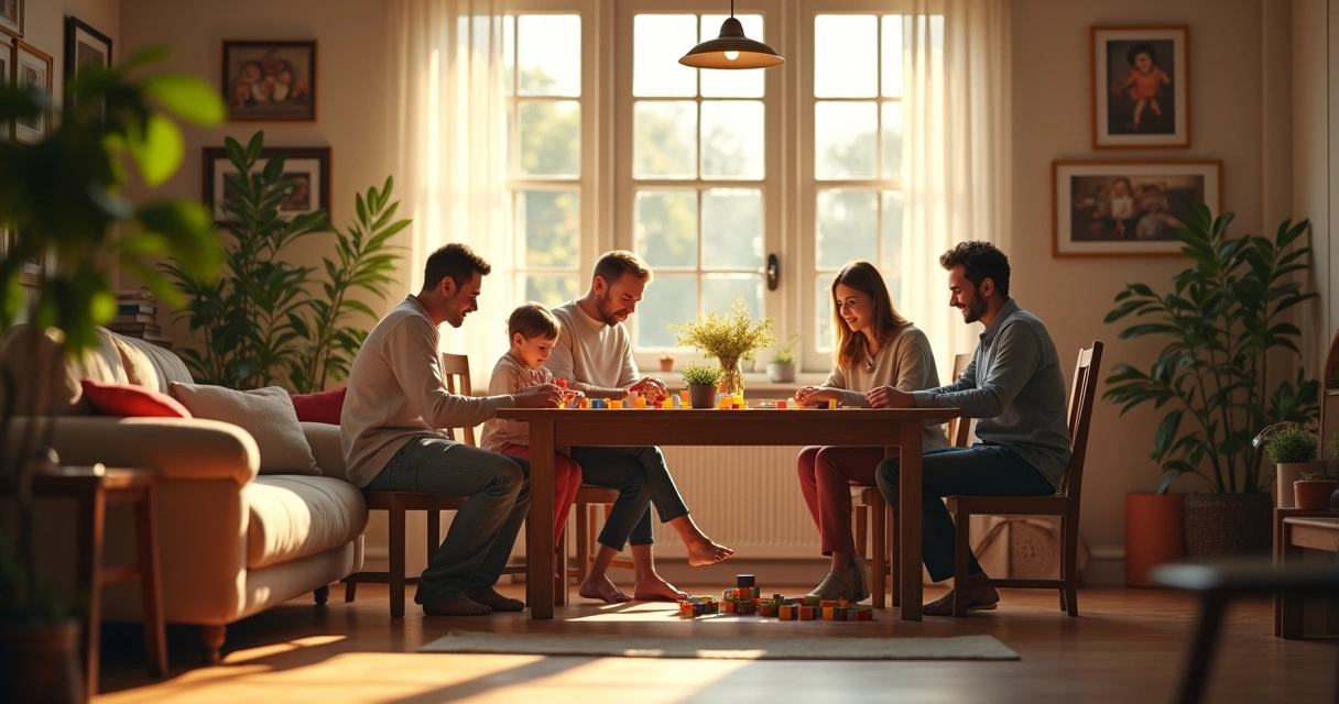 Família reunida em volta de uma mesa em ambiente descontraído 
