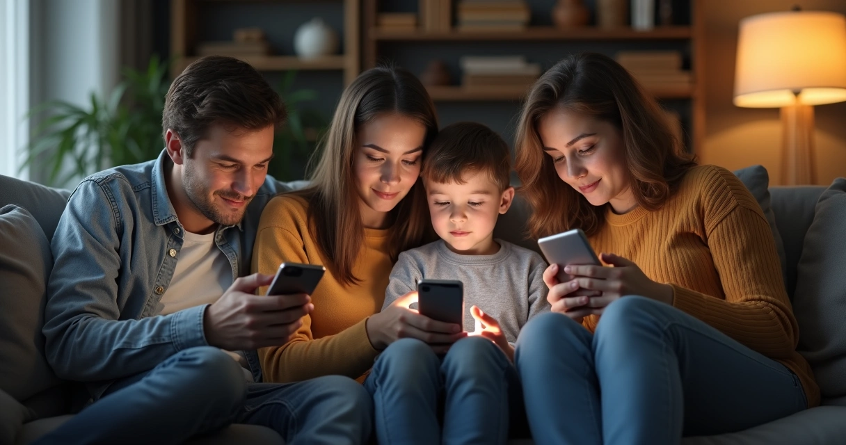 Família reunida no sofá, cada um usando seu celular e sem interação entre si.