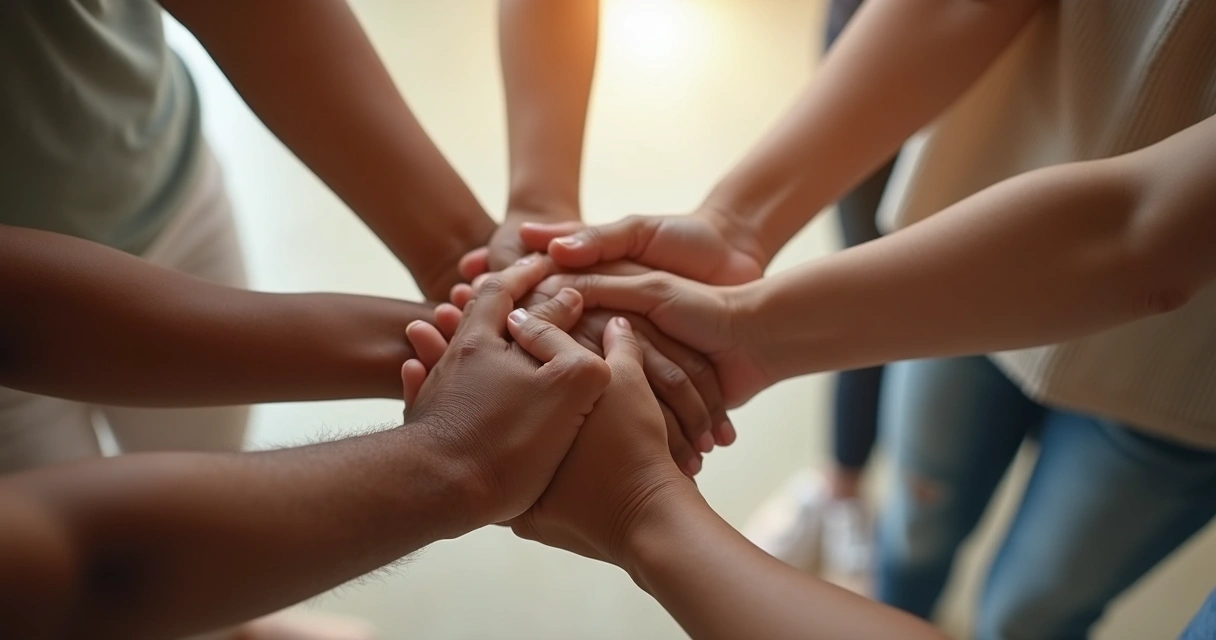 Pessoas de diferentes idades em círculo, dando as mãos 