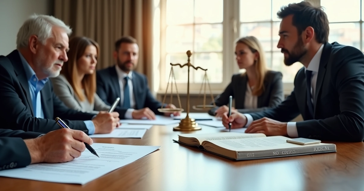 Família e advogado analisam documentos de inventário sobre a mesa 