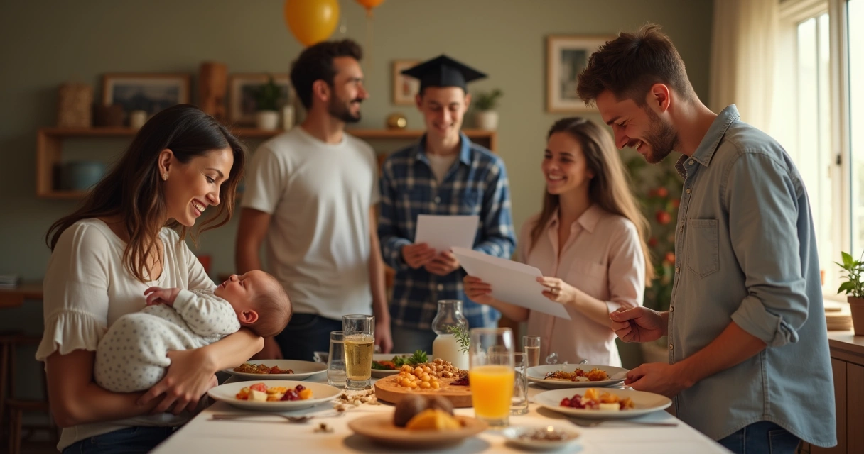 Família reunida em volta de criança pequena durante festa de formatura 