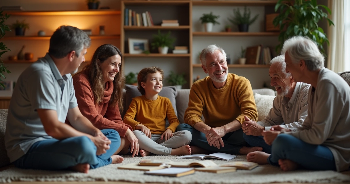 Familia sentada em círculo interagindo e conversando em casa