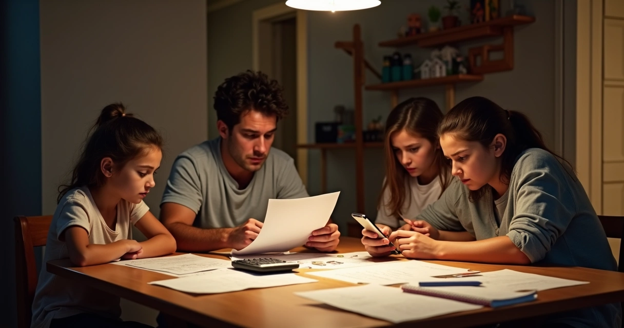 Família reunida à mesa verificando contas de pagamento 