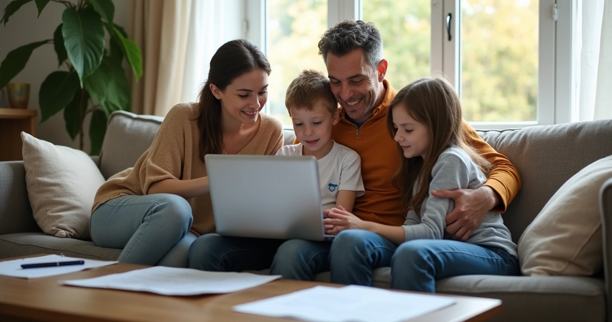 Família reunida analisando opções de plano de saúde no notebook 