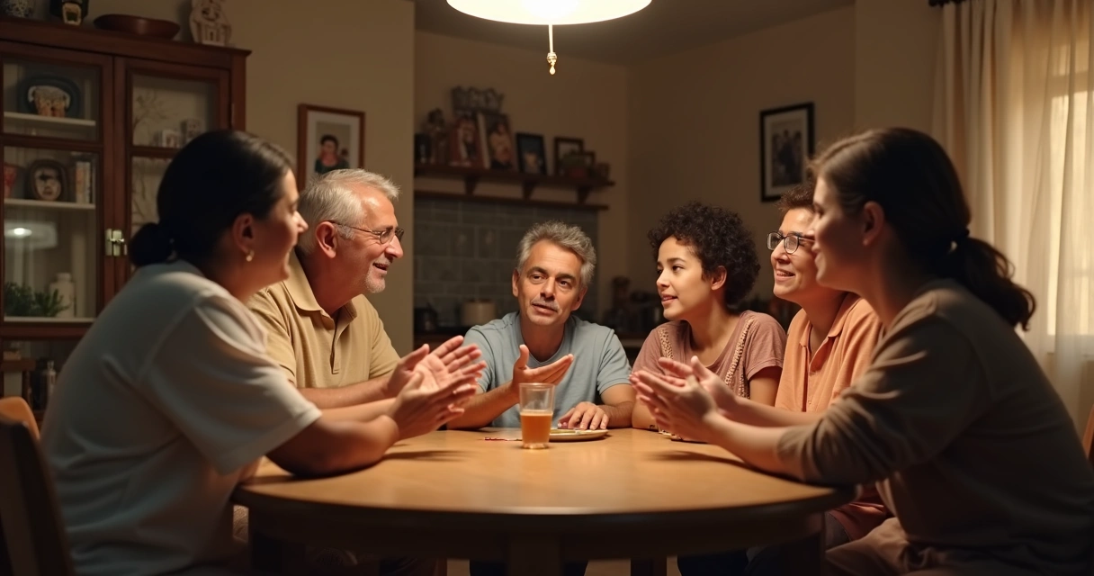 Família reunida tendo conversa tranquila sobre limites pessoais