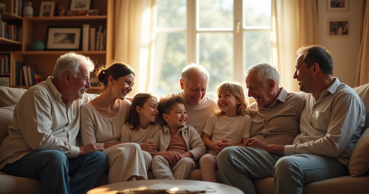 Família reunida conversando na sala 