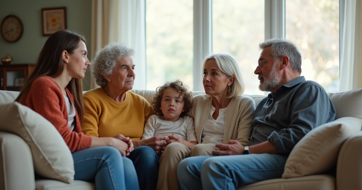 Familia sentada em círculo conversando, expressão séria, sala iluminada, tons neutros 
