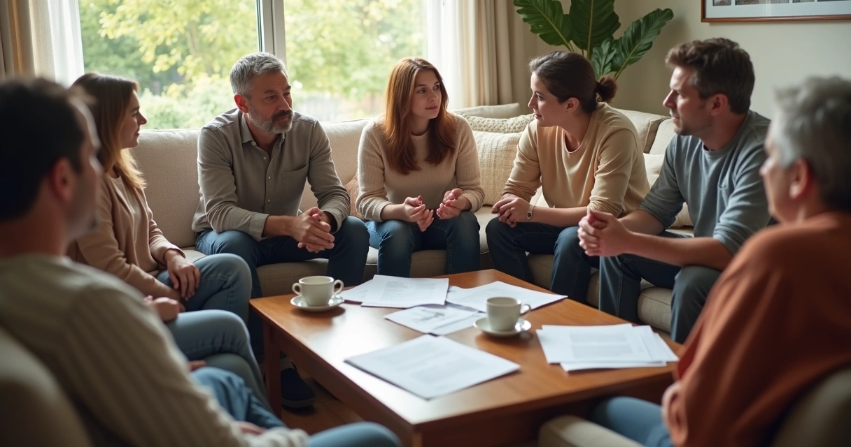 Família sentada em círculo conversando em uma sala clara com expressões variadas 