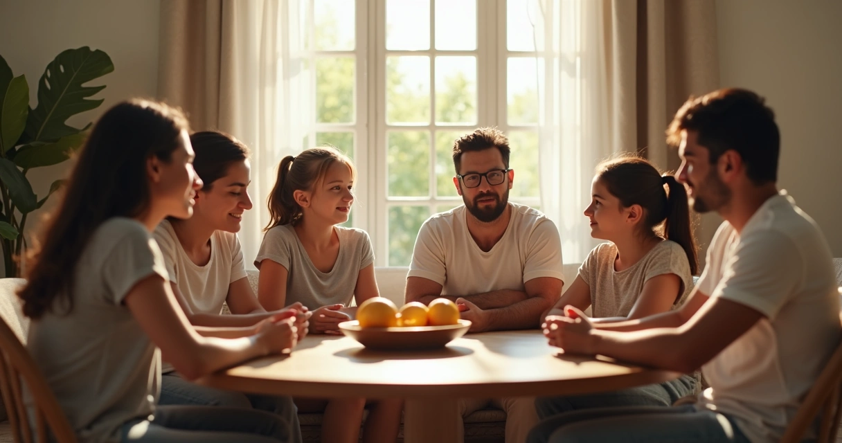 Família sentada em círculo conversando calmamente. 