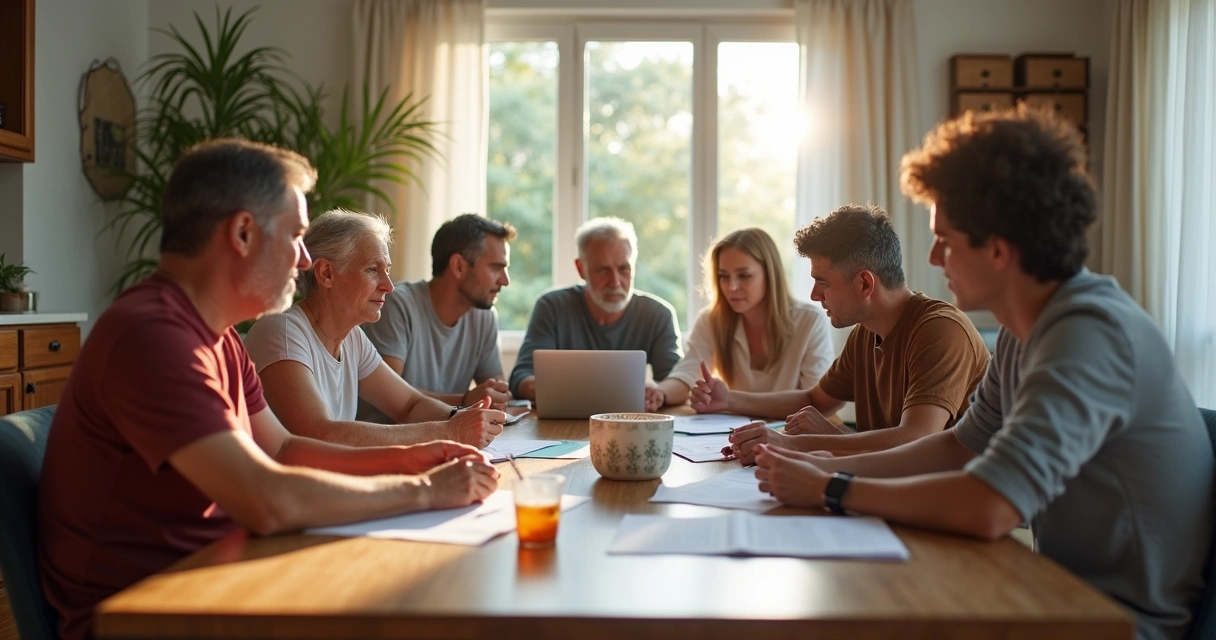 Família reunida ao redor da mesa discutindo papéis