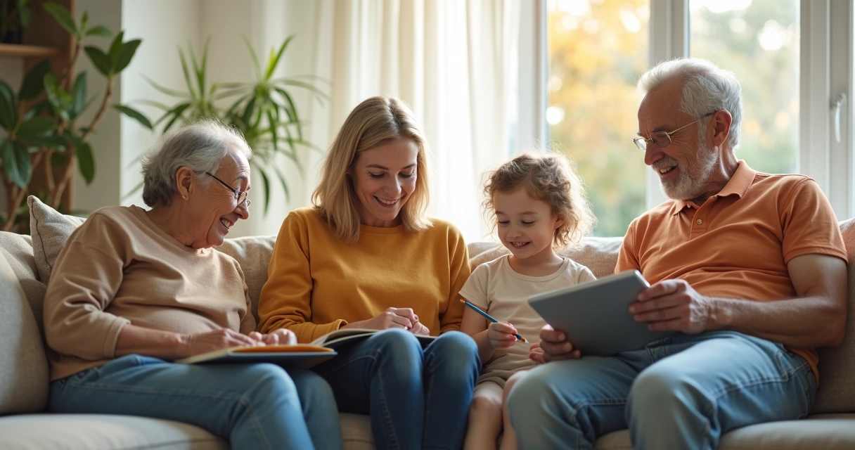 Família reunida em casa, cada um com sua atividade, ambiente leve
