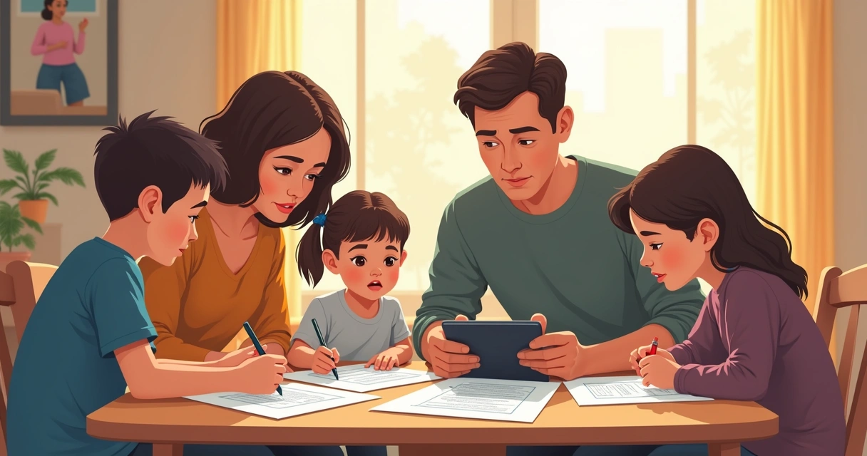 Família reunida analisando documentos de seguro de vida
