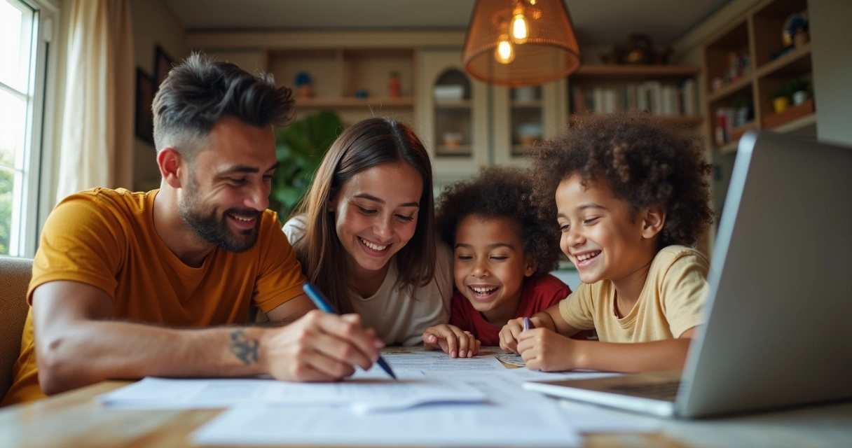 Família reunida checando documentos de plano de saúde 