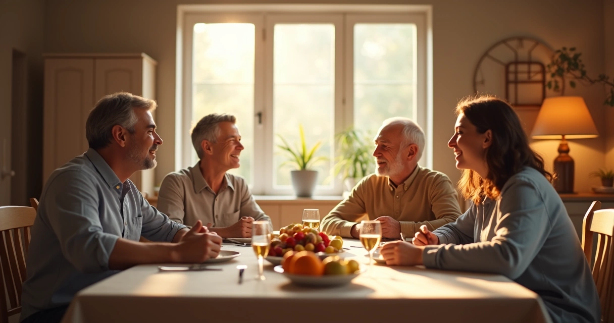 Família sentada ao redor de uma mesa, conversando em clima de harmonia e serenidade. 
