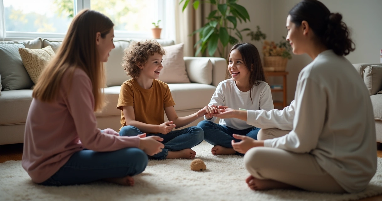 Família reunida em roda dialogando sentados no chão 
