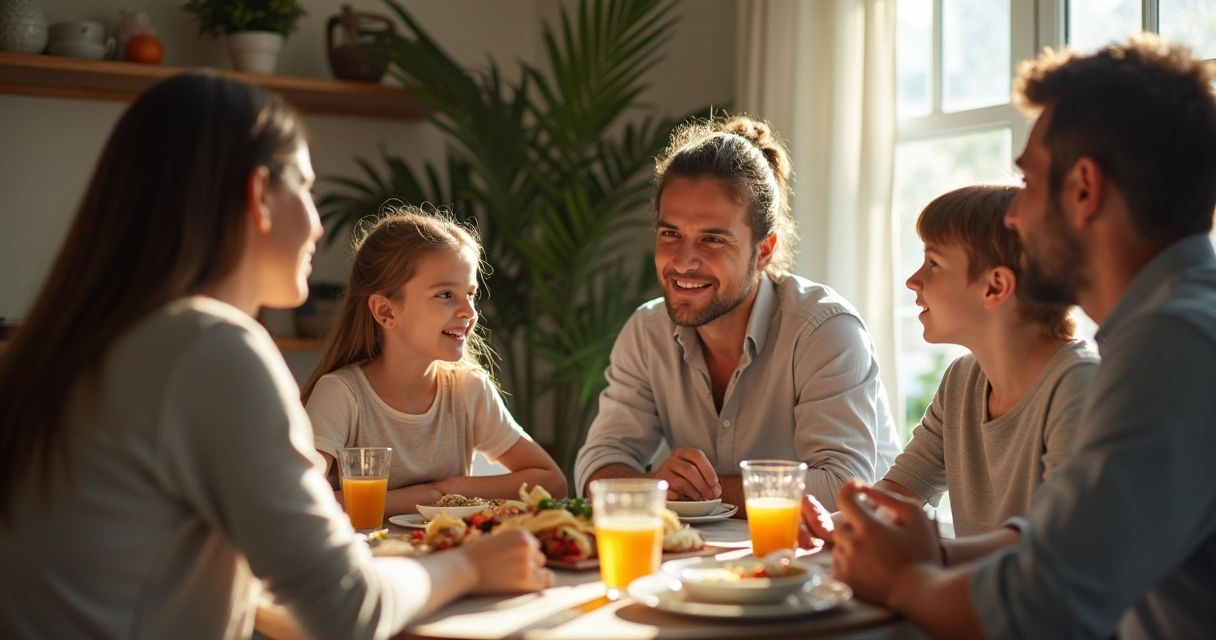 Família reunida ao redor de uma mesa conversando de forma aberta e sincera