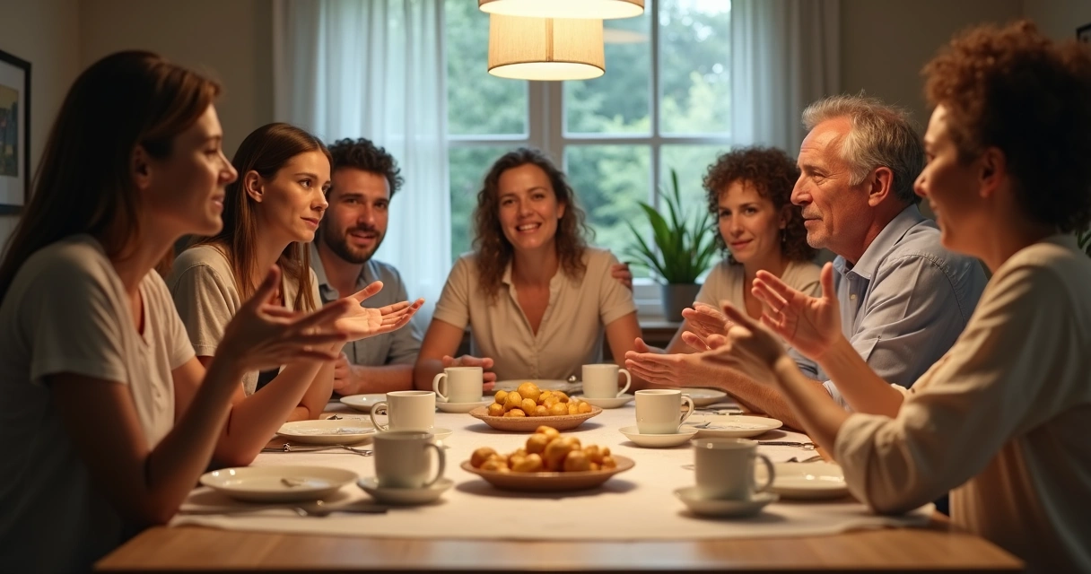 Família sentada ao redor de uma mesa, cada um expressando opiniões diferentes. 