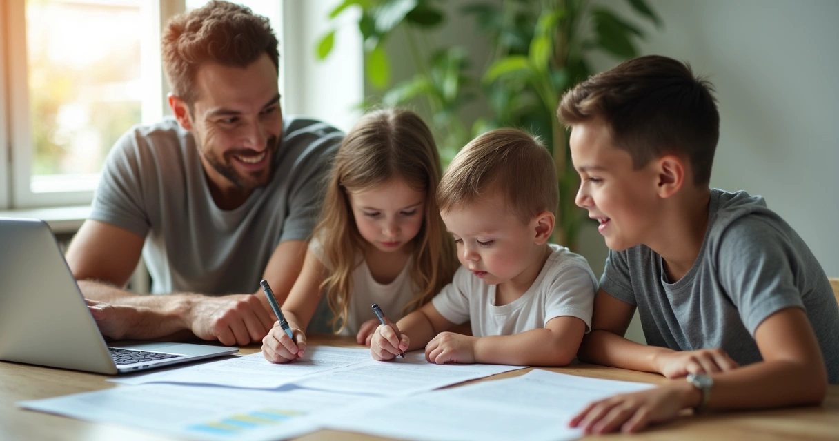 Família reunida discutindo documentos de imóvel