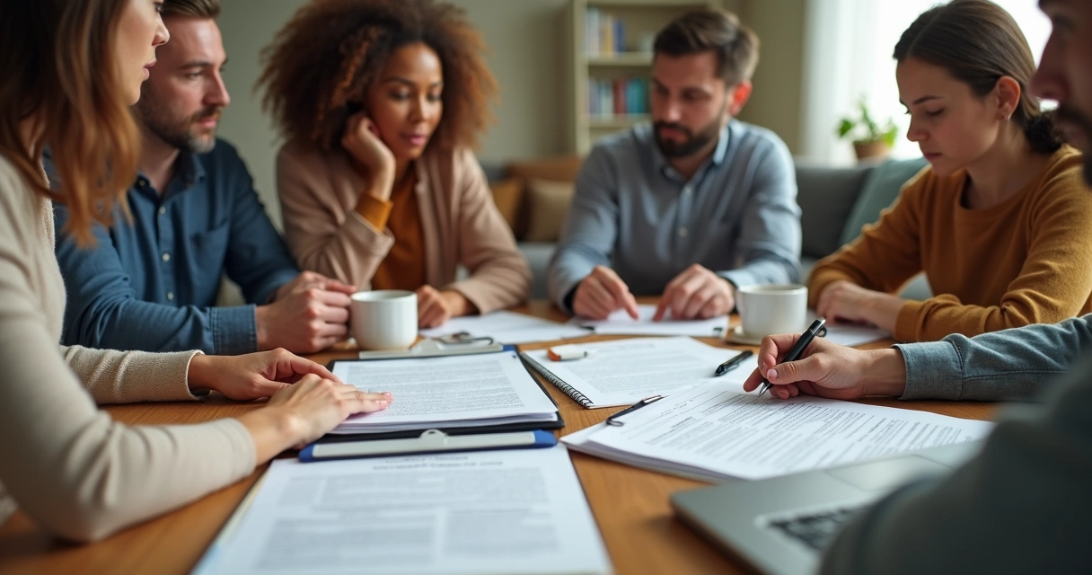 Uma família reunida ao redor de uma mesa analisando documentos do inventário.