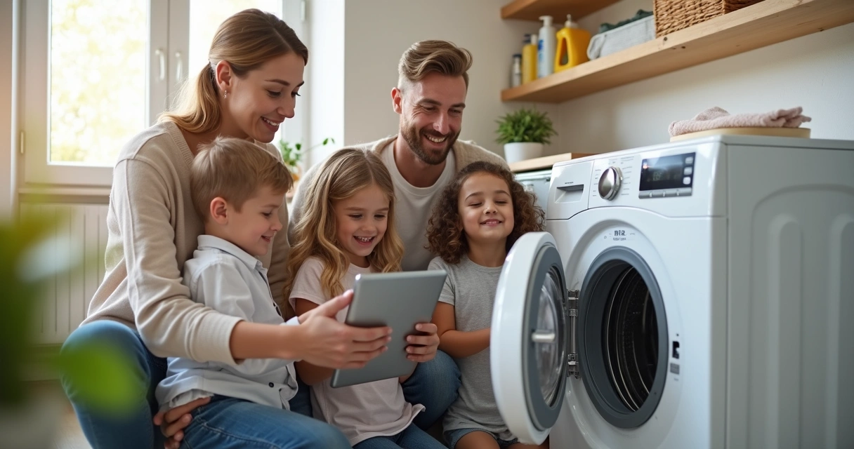 Família reunida ao redor de uma máquina de lavar 