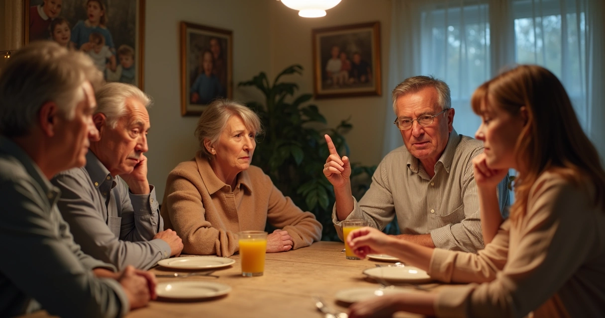 Família sentada ao redor da mesa em meio a discussão 
