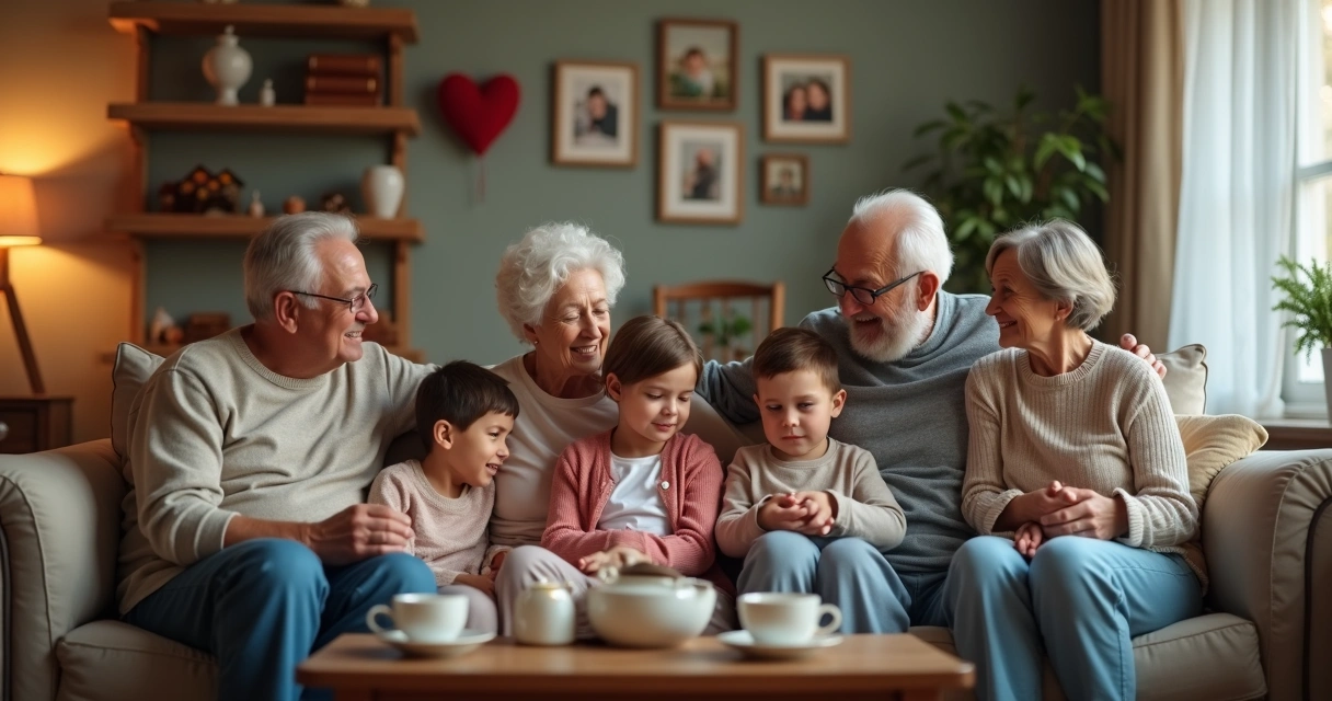 Família de várias gerações sentada junta em uma sala, conversando e expressando emoções diferentes 