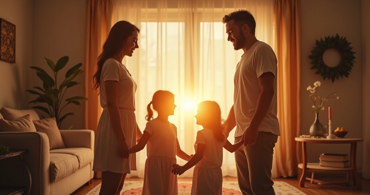 Família sorrindo em círculo, mãos dadas, com luz dourada ao centro 