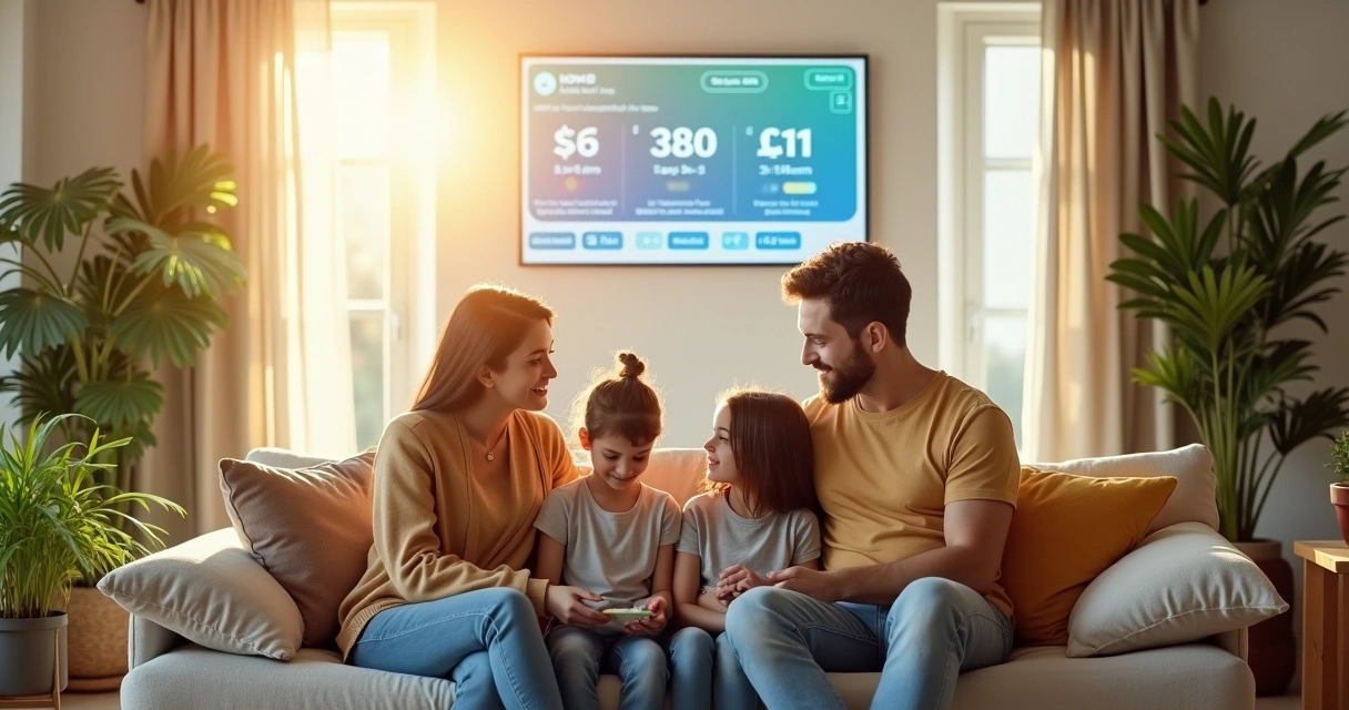 Família sentada em sala iluminada natural, olhando para painel de energia na parede. 