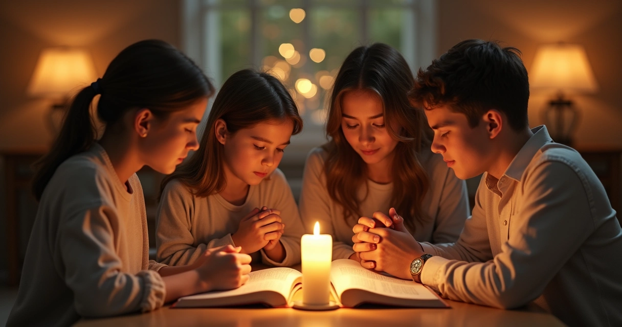 Família reunida em oração em ambiente iluminado