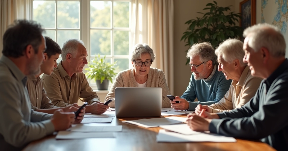 Família sentada à mesa discutindo finanças, todos com celulares e anotações 